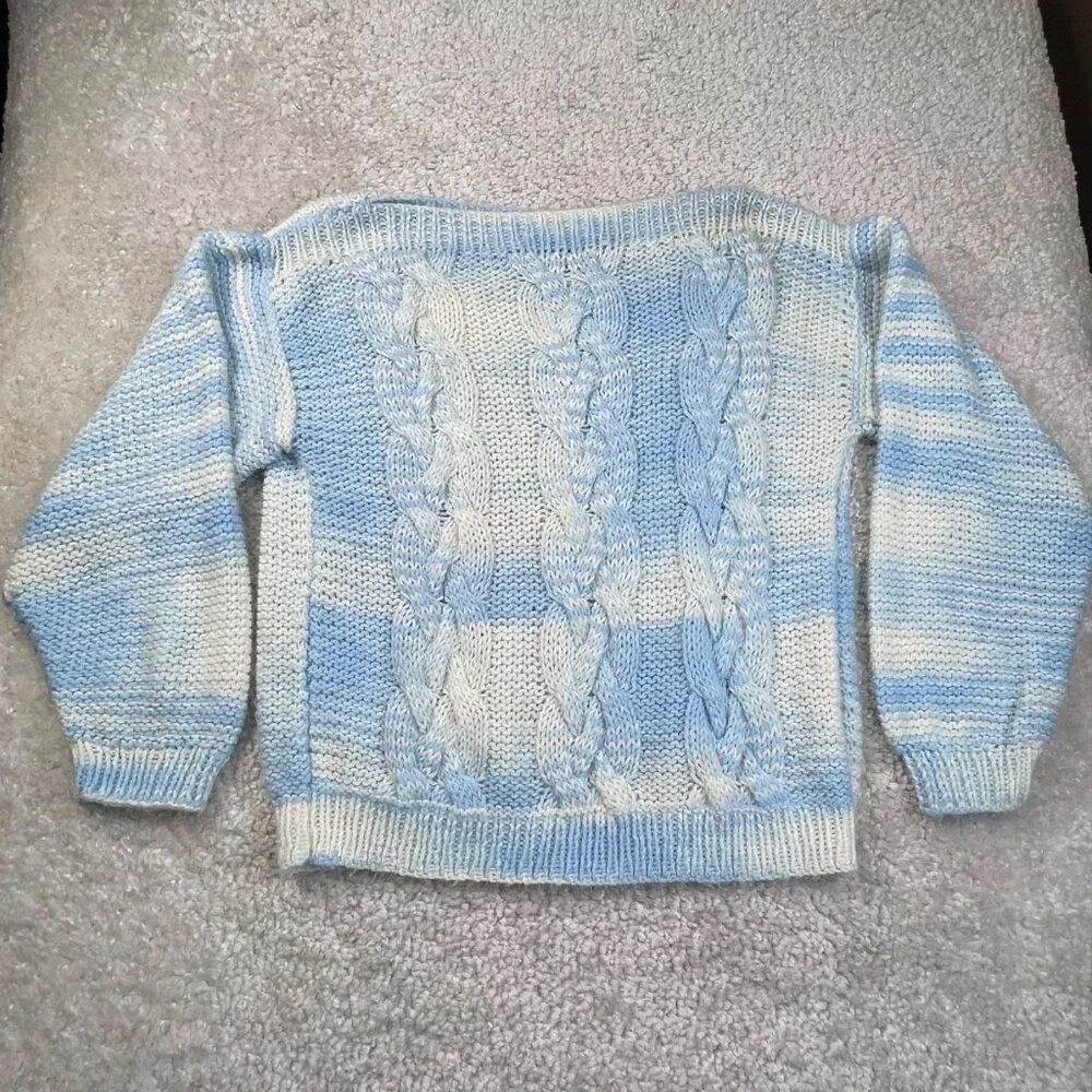 Mother Boatneck Cable Knit Sweater Oversized Blue White Striped Large